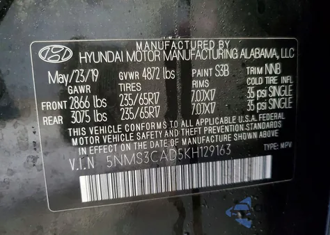 2019 Hyundai Santa Fe Sel z USA, uszkodzony, nr VIN 5NMS3CAD5KH129163